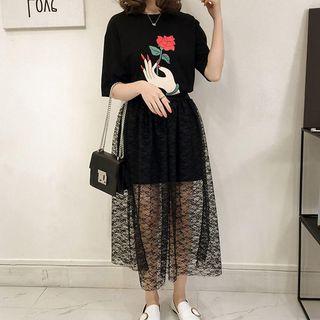 Set : Print Short-sleeve T-shirt Dress + Mesh Skirt