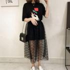 Set : Print Short-sleeve T-shirt Dress + Mesh Skirt