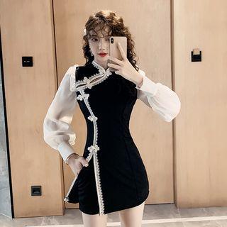 Set: Lace Trim Lantern-sleeve Mini A-line Dress + Shorts