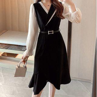 Contrast Long Sleeve V-neck Shift Dress