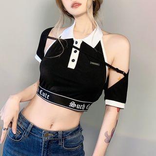 Set: Halter Two-tone Crop Tank Top + Short-sleeve Shrug