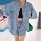 Print Back Short Sleeve Oversized Denim Shirt Blue - One Size