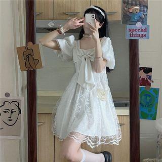 Puff-sleeve Bow Accent Mesh Panel A-line Dress