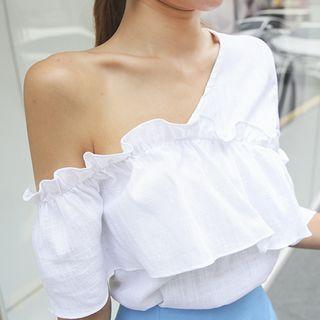 Asymmetric Off-shoulder Ruffled Linen Blend Top