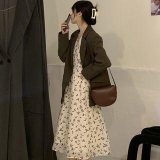Flared-cuff V-neck Floral Midi Dress / Long-sleeve Blazer