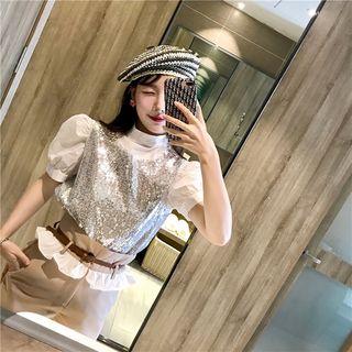 Ruffle Shorts / Set: Plain Puff-sleeve Blouse + Glittered Camisole Top