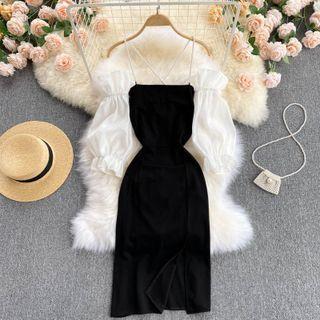 Off-shoulder Puff-sleeve Color Block Spaghetti-strap Dress