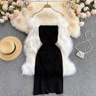 Off-shoulder Puff-sleeve Color Block Spaghetti-strap Dress