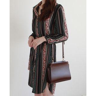 Long-sleeve Pattern Shirtdress With Sash