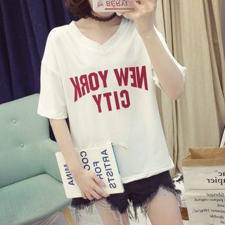 Short-sleeve Lettering Print V-neck T-shirt