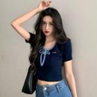 Short-sleeve Cropped T-shirt Navy Blue - One Size