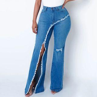 Fray Hem Slit High-waist Boot-cut Jeans