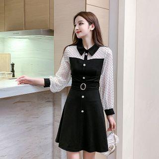 Dotted Balloon-sleeve A-line Shirtdress
