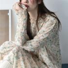 Flower Print Long-sleeve Midi Dress As Shown In Figure - One Size