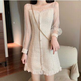 Long-sleeve Frill Trim Frayed Mesh Panel Dress