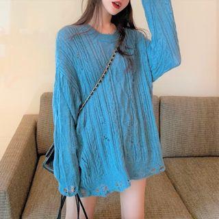 Distressed Cable Knit Sweater Peacock Blue - One Size