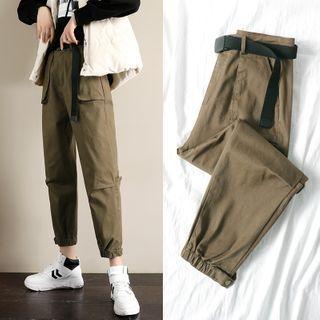 Plain Gathered Cuff Cargo Pants Black - S