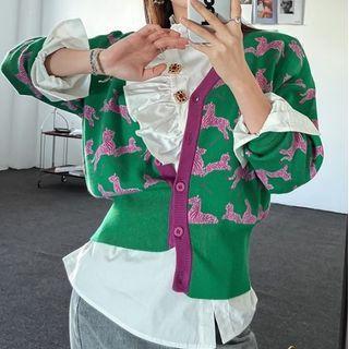 Patterned Cardigan / Ruffle Blouse