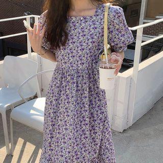 Puff-sleeve Floral A-line Dress As Shown In Figure - One Size