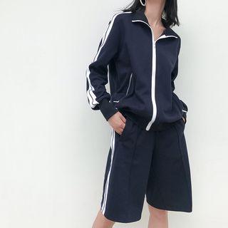 Set: Striped Zipper Jacket + Capri Shorts