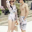 Couple-matching 3/4-sleeve Floral-print Swimsuit / Beach Shorts
