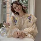 Floral Embroidery Chiffon Blouse Beige - One Size