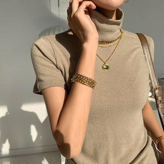 Mockneck Short-sleeve Top Beige - One Size