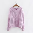 Plain V-neck Cable Knit Sweater