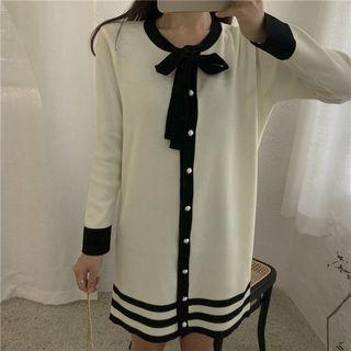 Long-sleeve Contrast-trim Embellished Mini Knit Dress