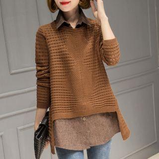 Set: Sleeveless Blouse + Asymmetric-hem Knit Top