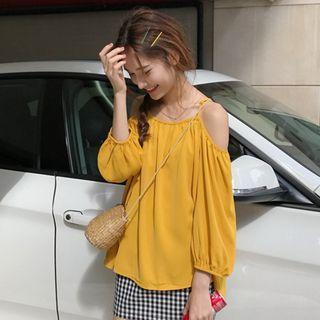 Cold Shoulder Long-sleeve Top / Gingham Mini Skirt