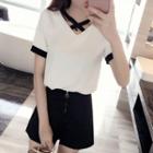 Set: Cross Strap Short-sleeve Chiffon Top + Shorts