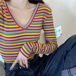 Striped V-neck Long-sleeve Slim-fit Top As Figure - One Size