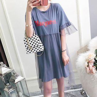 3/4-sleeve Sheer Panel Lettering Midi Dress