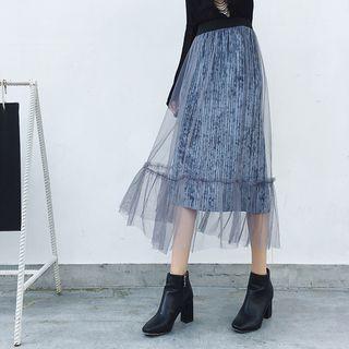 Midi Mesh-overlay Velvet Skirt