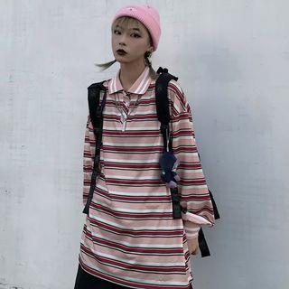 Long-sleeve Striped Polo Shirt As Shown In Figure - One Side
