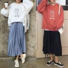 Puff Sleeve Print Loose-fit Pullover / Pleated Midi Skirt