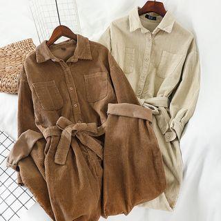Corduroy Tie-waist Shirt Jumpsuit