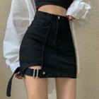 Cutout Buckled A-line Denim Skirt