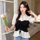 Mock Two-piece V-neck Panel Short-sleeve Lace Top / Shirt Top