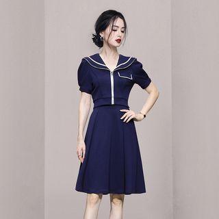 Set: Puff-sleeve Sailor Collar Zip-up Blouse + A-line Skirt