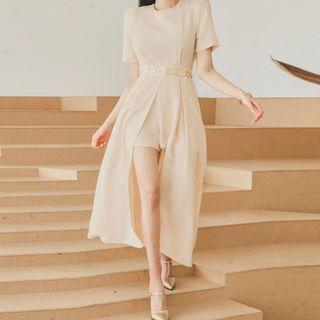 Short-sleeve Front-slit Midi A-line Dress