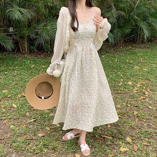 Spaghetti-strap Floral Midi A-line Dress / Light Jacket