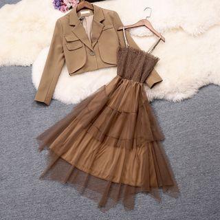 Set: Spaghetti Strap Mesh Midi A-line Dress + Cropped Blazer