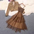 Set: Spaghetti Strap Mesh Midi A-line Dress + Cropped Blazer