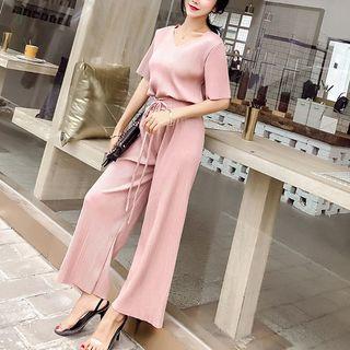Set: Plain Short Sleeve Blouse + Straight Cut Pants