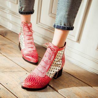 Snake Print Mesh Panel Chunky Heel Short Boots