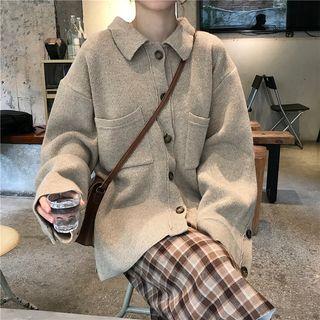 Collared Pocket Detail Knit Jacket Khaki - One Size
