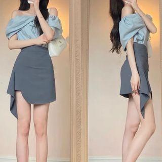 Off-shoulder Blouse / Ruffled Mini Pencil Skirt