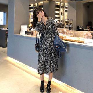 Wrap-front Printed Long Dress Black - One Size